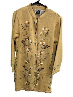 Storybook Knits Floral Embroidered Beige Cardigan Sweater Button Front Size M